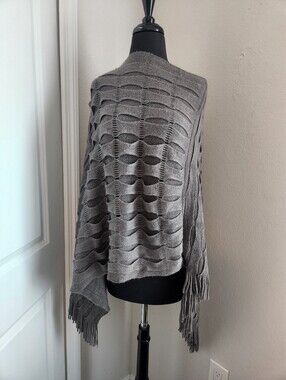 Elan Gray Open-Weave Fringe Poncho